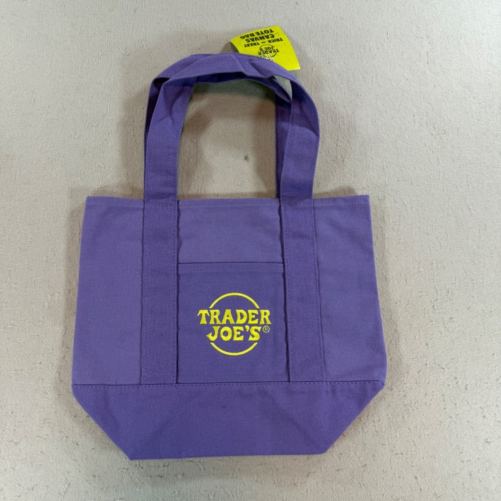 Trader Joe's Trick-or-Treat Mini Canvas Tote Purple Yellow Logo New